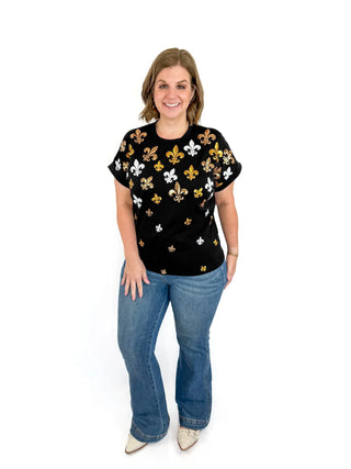 Tiny Sequin Fleur De Lis Cuff Sleeve Top - SLS Wares