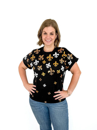 Tiny Sequin Fleur De Lis Cuff Sleeve Top - SLS Wares