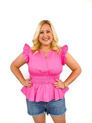 Vibrant Pink Ruffle Sleeve Peplum Top - SLS Wares