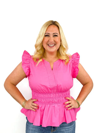 Vibrant Pink Ruffle Sleeve Peplum Top - SLS Wares