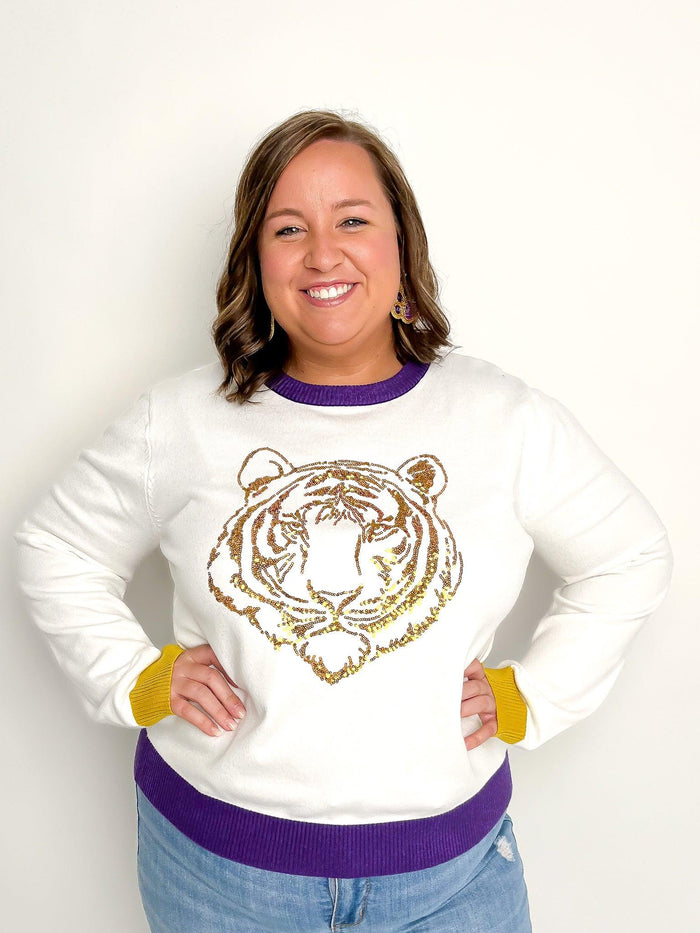 White Long Sleeve Sequin Tiger Sweater - SLS Wares