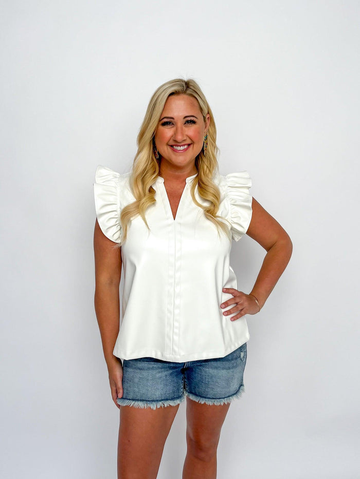 White Ruffle Faux Leather Top - SLS Wares