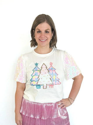 White Sequin Trees Sparkle Sleeve Top - SLS Wares