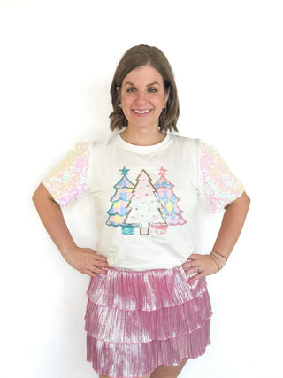 White Sequin Trees Sparkle Sleeve Top - SLS Wares