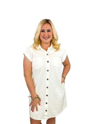 White Washed Twill Button-Down Shirt Dress