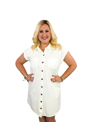 White Washed Twill Button-Down Shirt Dress - SLS Wares