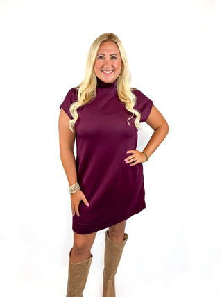 Wine Jersey Knit Mock Neck Dress - SLS Wares