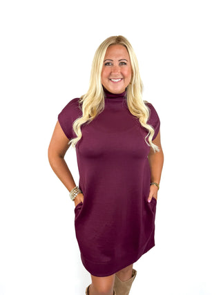 Wine Jersey Knit Mock Neck Dress - SLS Wares