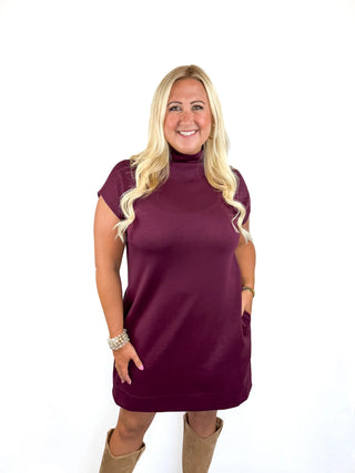 Wine Jersey Knit Mock Neck Dress - SLS Wares