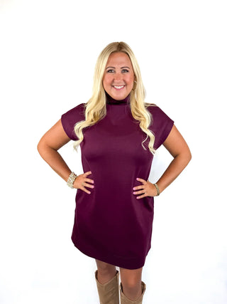 Wine Jersey Knit Mock Neck Dress - SLS Wares