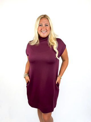 Wine Jersey Knit Mock Neck Dress - SLS Wares