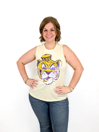 Yellow Sequin LSU Vintage Tiger Tank - SLS Wares