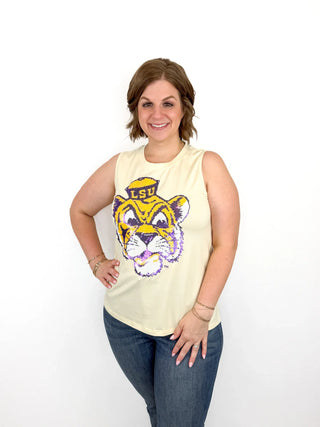 Yellow Sequin LSU Vintage Tiger Tank - SLS Wares